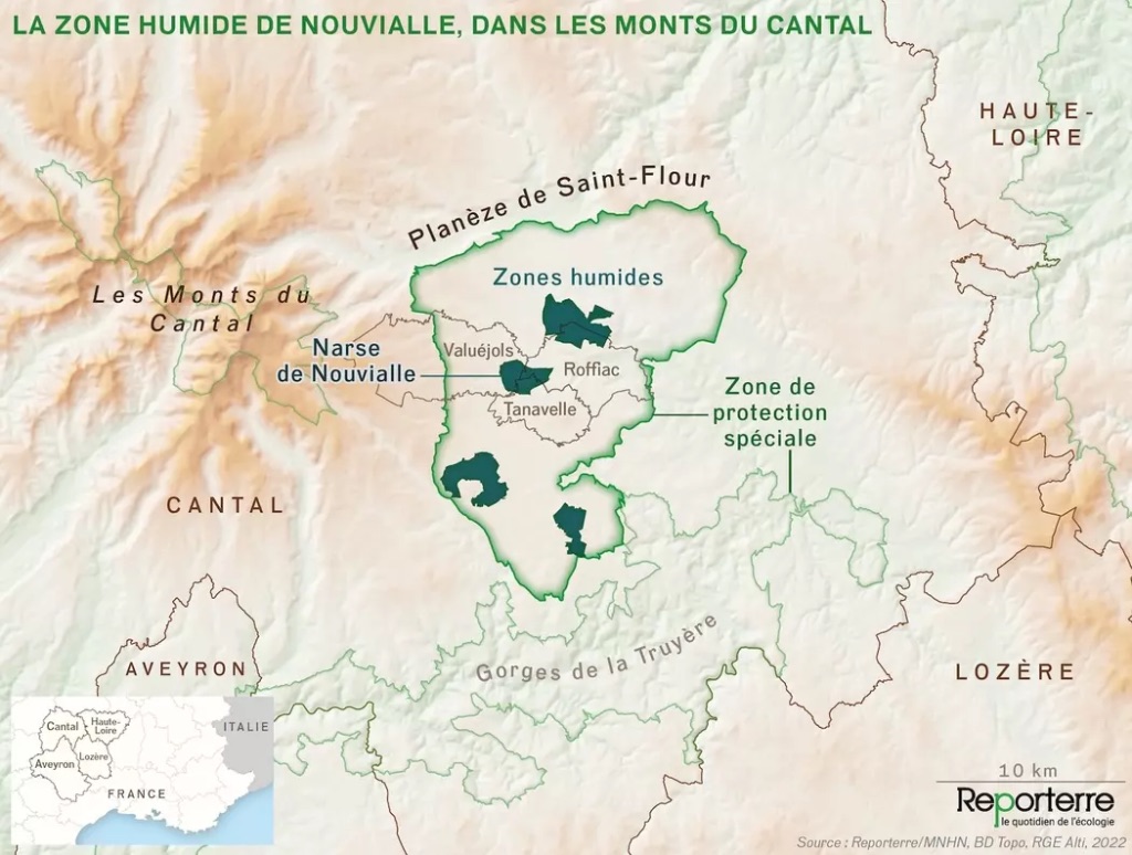 Carte de la zone humide de Nouvialle dans les Monts du Cantal - Planèze de Saint-Flour